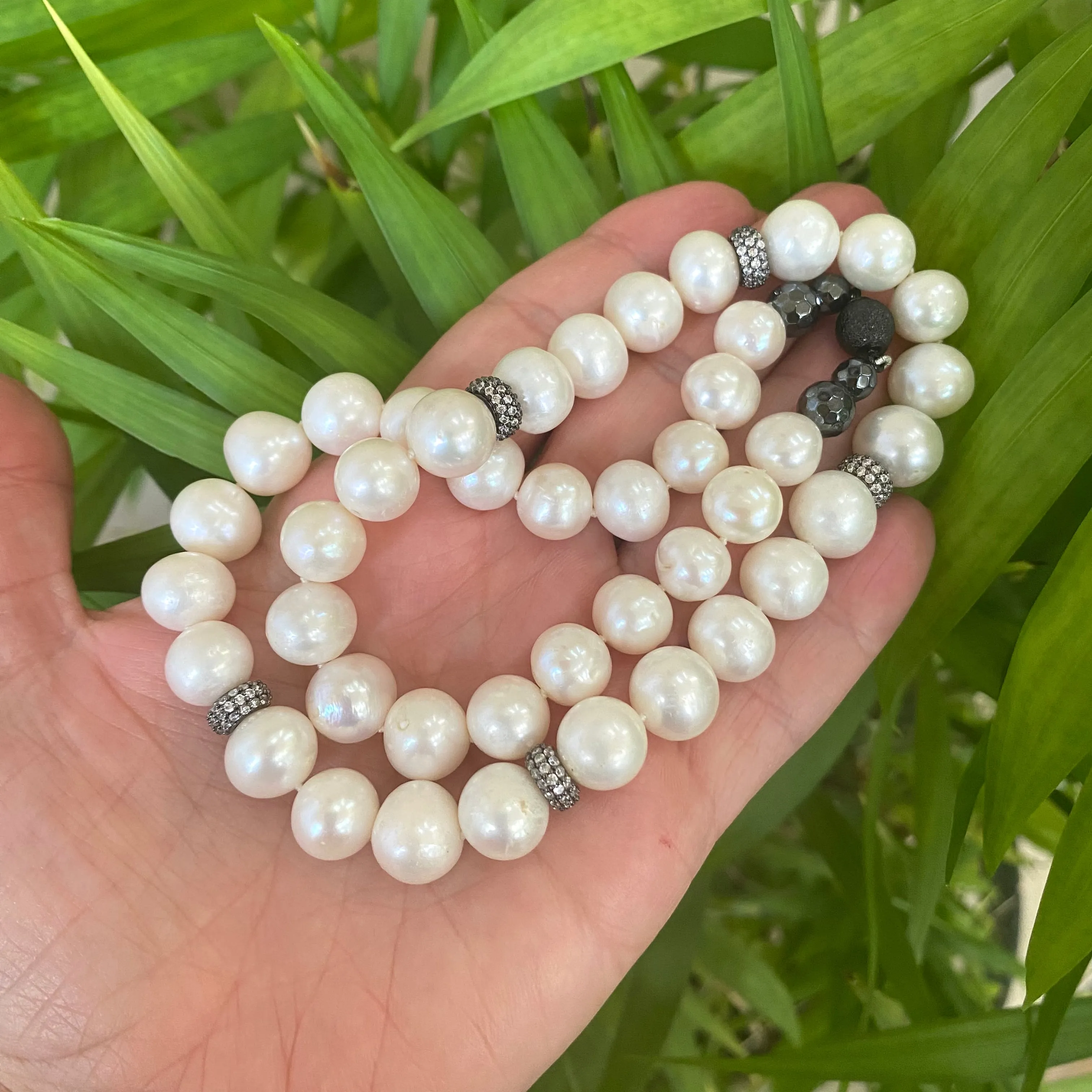 White Pearls Necklace w Zircons Pave Rondelle, Gunmetal Over Sterling Silver, 20in