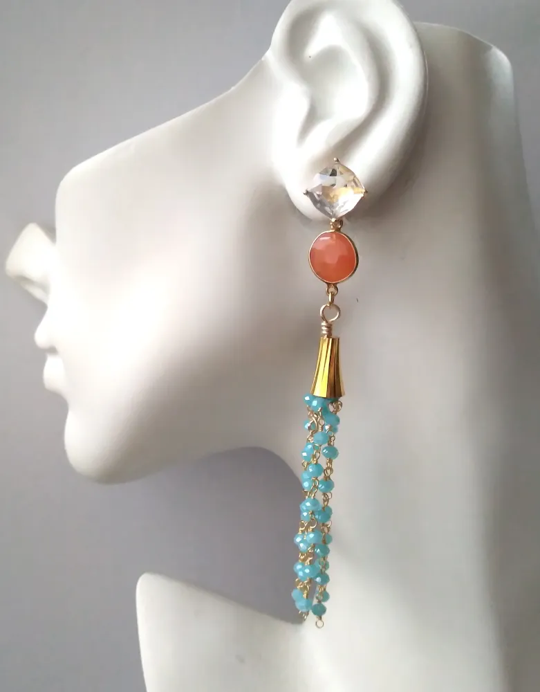 White Topaz Studs with Carnelian and Chalcedony Tassle