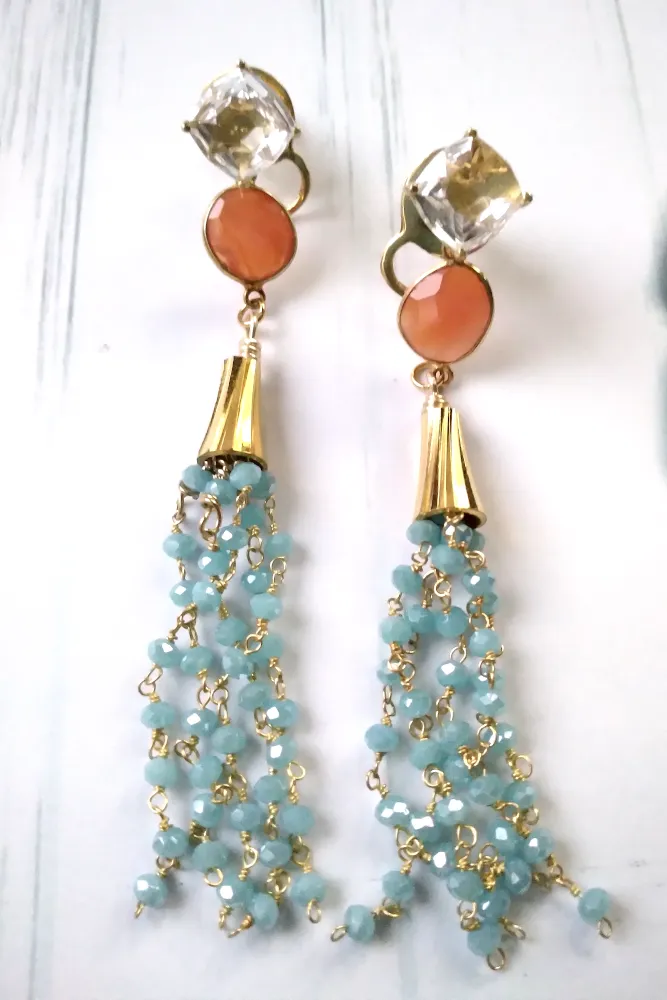 White Topaz Studs with Carnelian and Chalcedony Tassle