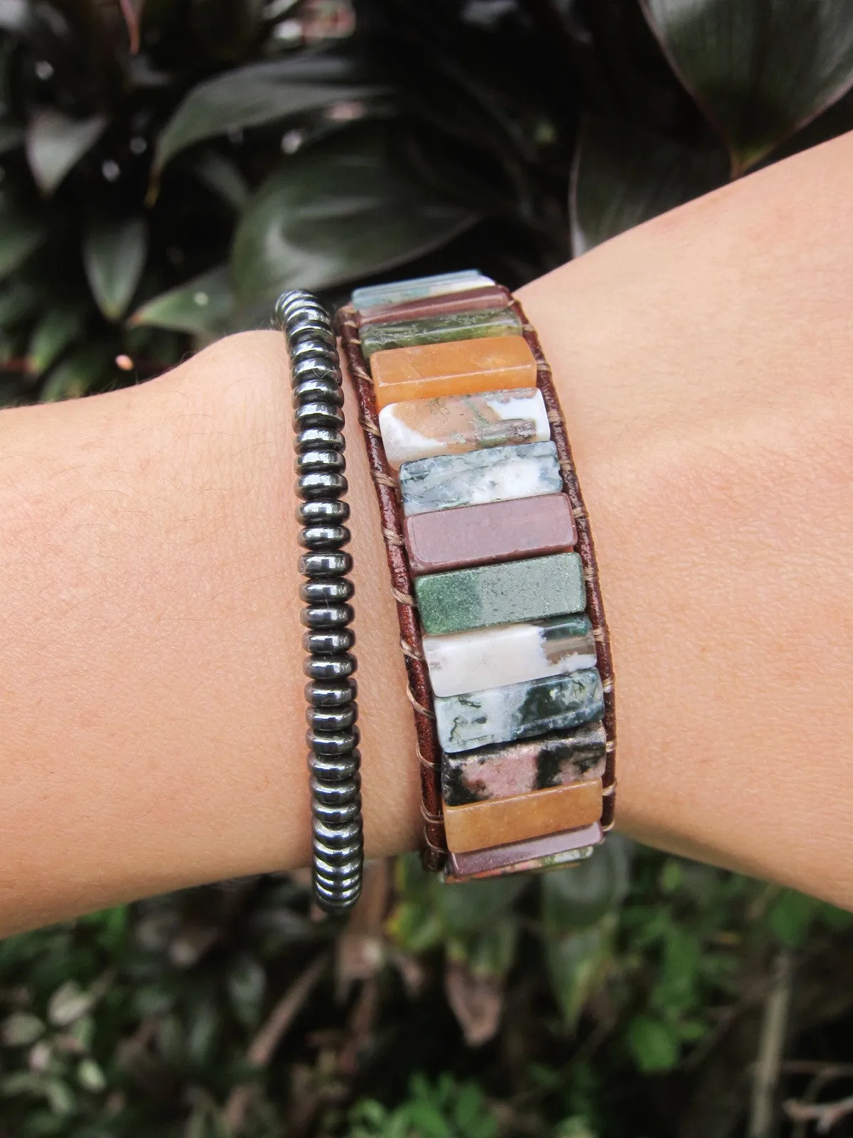 Wild Earthy Jasper Mix Tubestone Leather Bracelet