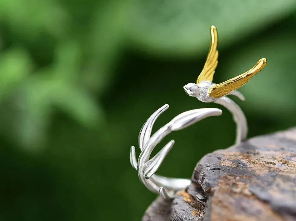 Willow Bird Charm Finger Ring LFJD0159: 925 Sterling Silver Jewelry