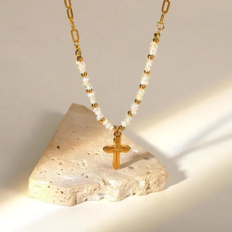 Women's Pearl Cross Pendant Necklace